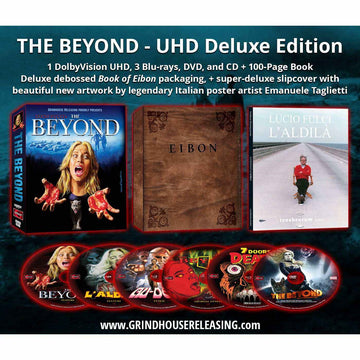 The Beyond 6-disc Deluxe Edition box set featuring 4K UHD, Blu-rays, DVD, CD, and 100-page book with artwork by Emanuele Taglietti