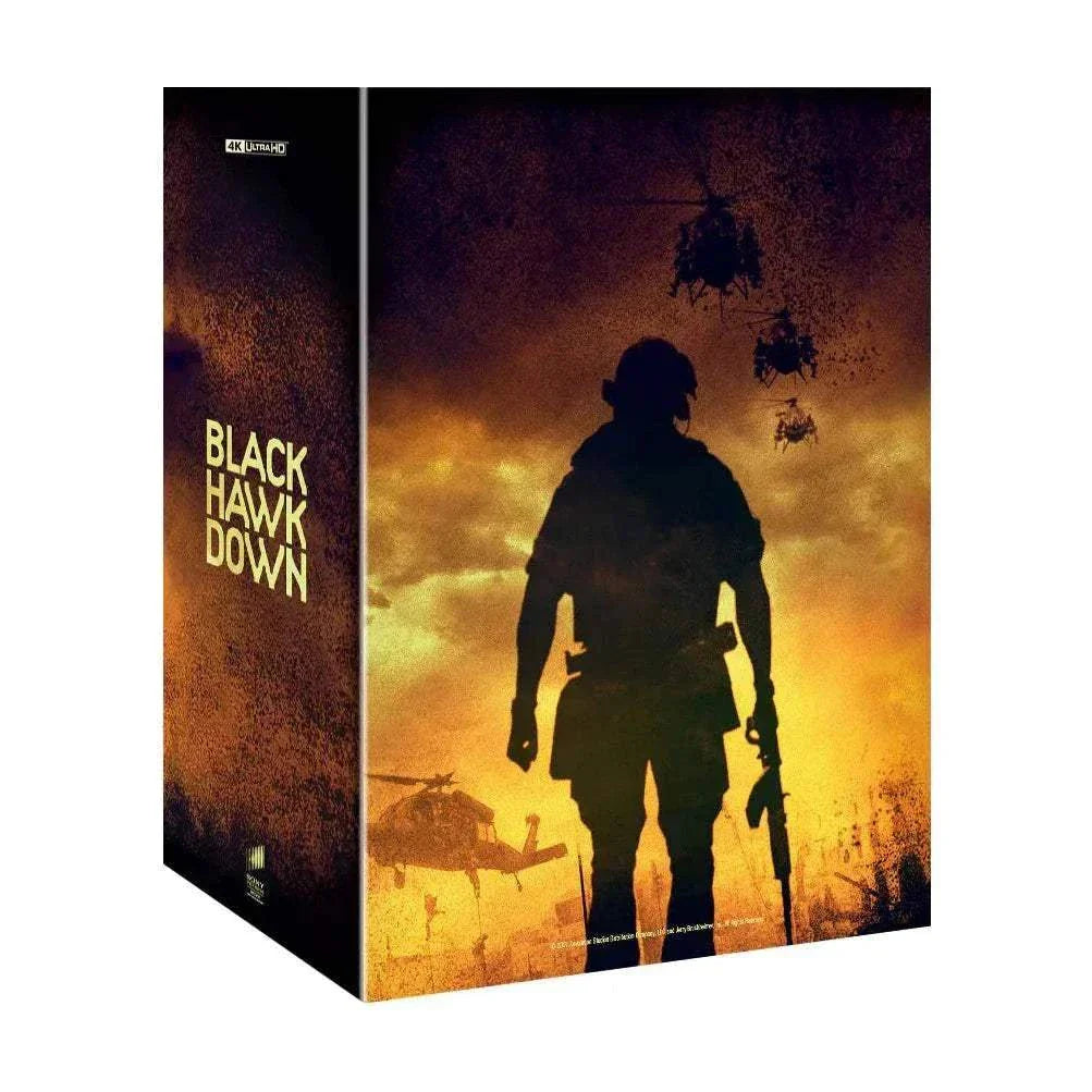 Black Hawk Down Steelbook 4K UHD and Blu-Ray pre-order edition with exclusive glossy and embossed cover featuring soldier silhouette and helicopters.
