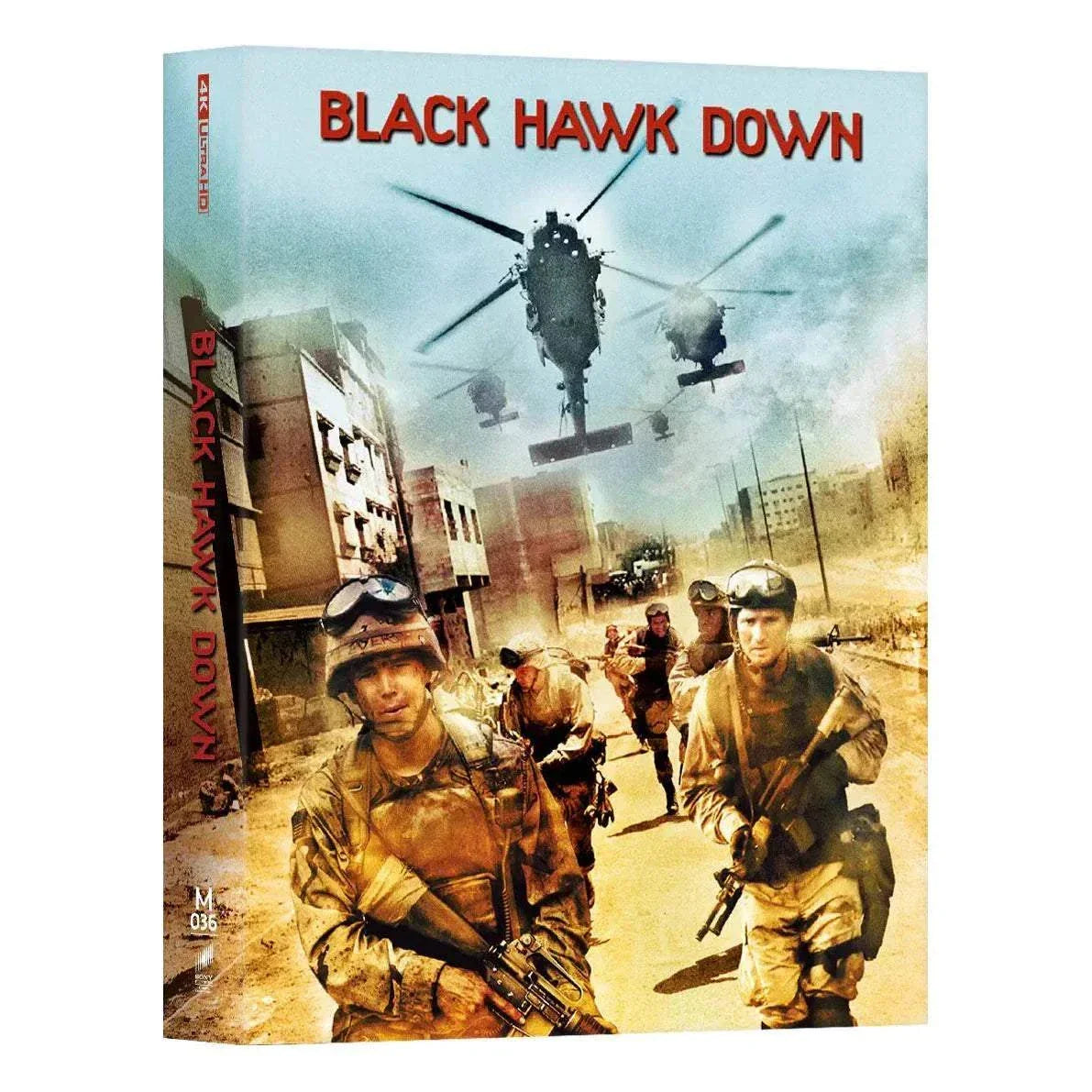 Black Hawk Down Steelbook 4K UHD and Blu-Ray featuring soldiers in combat and helicopters over a cityscape
