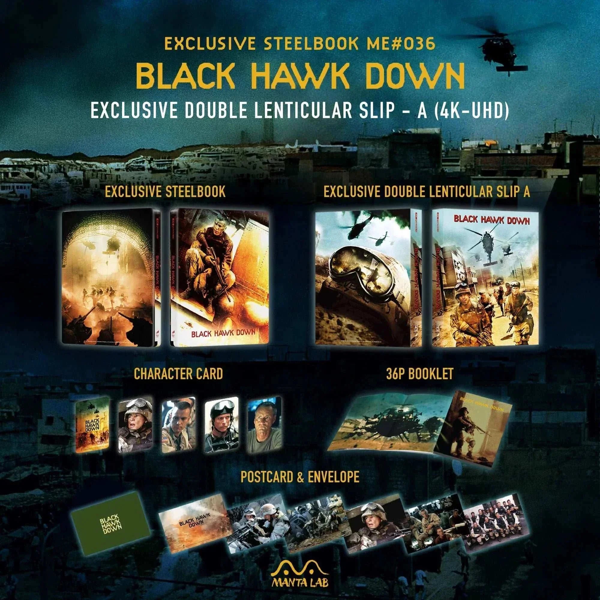 Black Hawk Down Steelbook 4K UHD and Blu-Ray exclusive set with lenticular slip, booklet, character cards, postcards, and envelope by Manta Lab