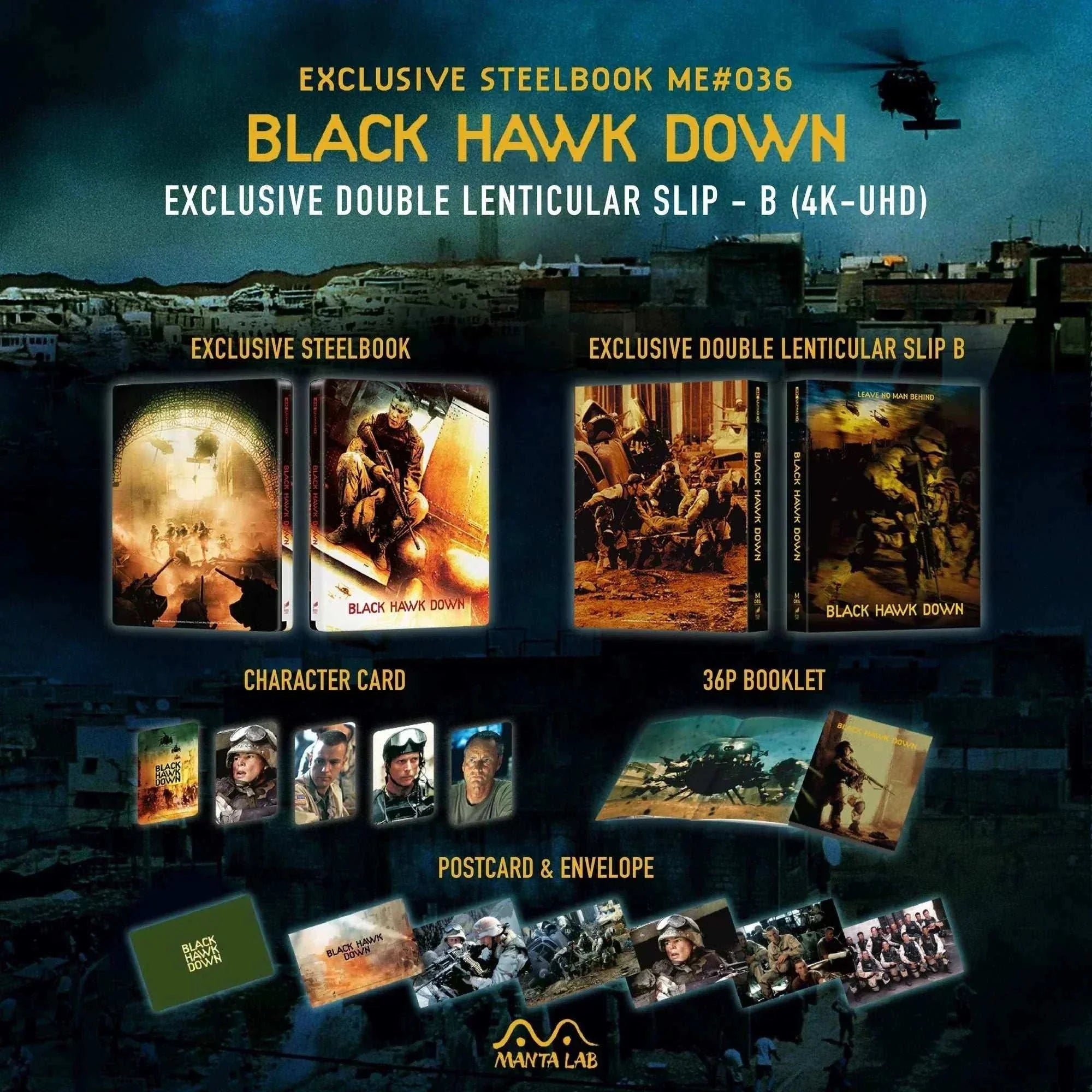 Black Hawk Down Steelbook 4K UHD and Blu-Ray set with exclusive lenticular slip, character cards, 36-page booklet, postcards, and envelope, special edition pre-order packaging.