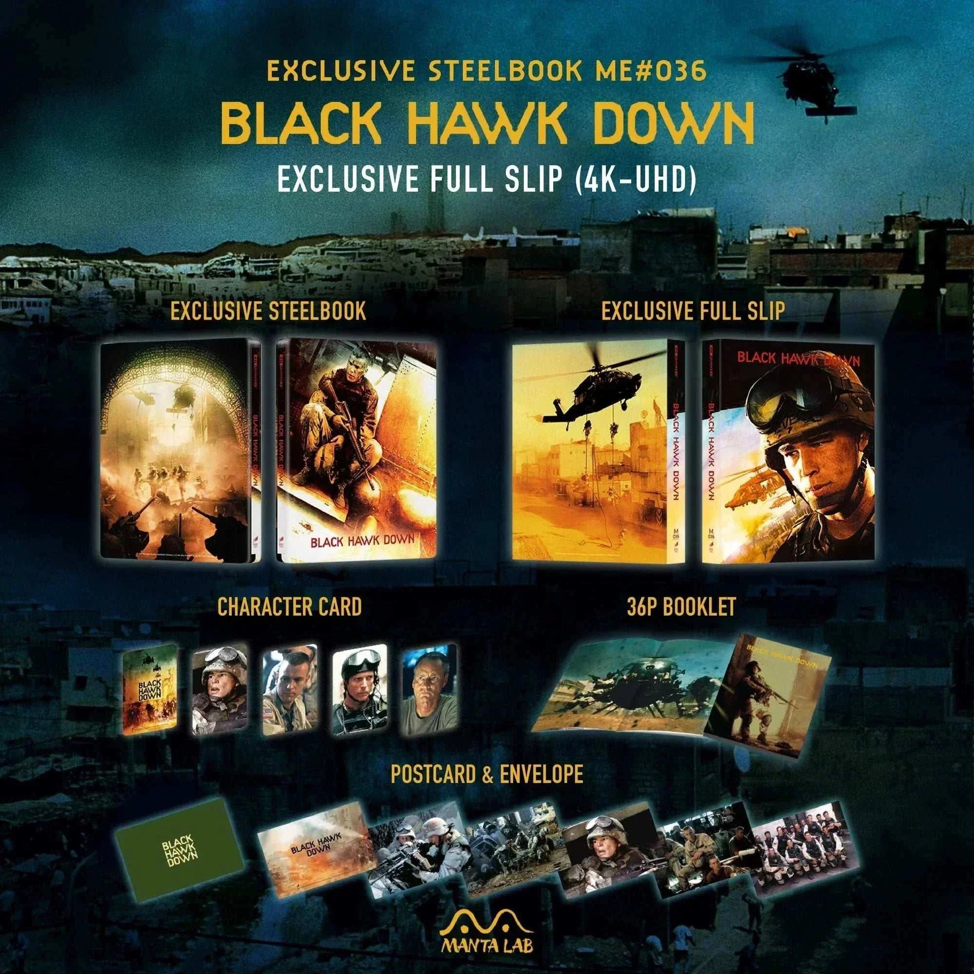 Black Hawk Down Steelbook and Full Slip 4K UHD with booklet, postcards, character cards, and exclusive packaging by Manta Lab