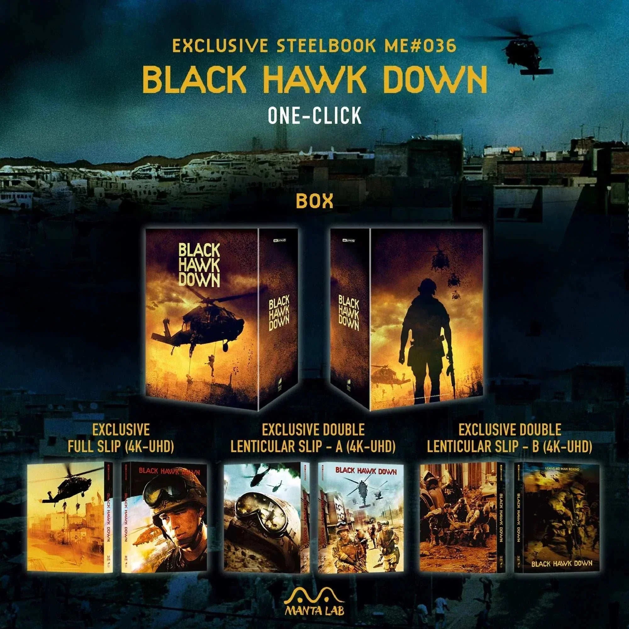 Black Hawk Down Steelbook 4K UHD and Blu-Ray exclusive pre-order box set with lenticular slipcovers and glow-in-dark title