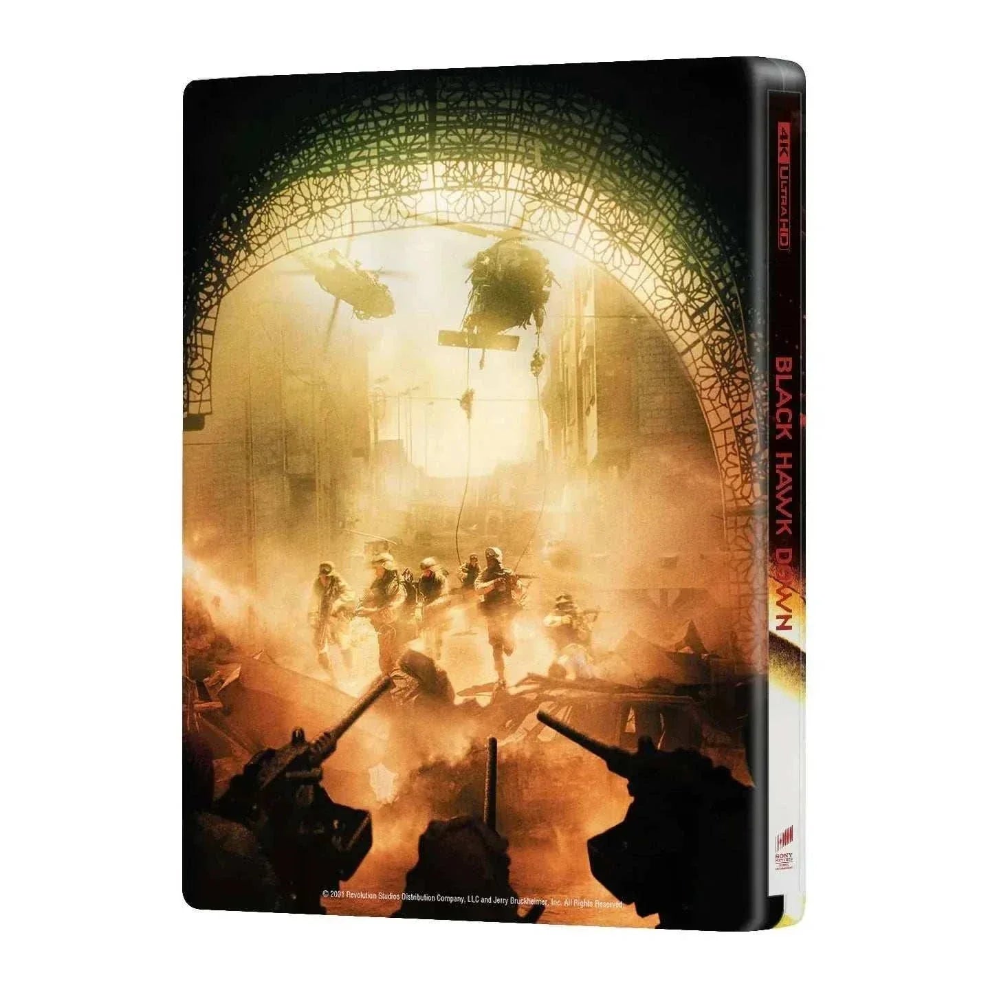 Black Hawk Down Steelbook 4K UHD and Blu-Ray full slip edition featuring soldiers and helicopters in a combat scene with war-torn city background