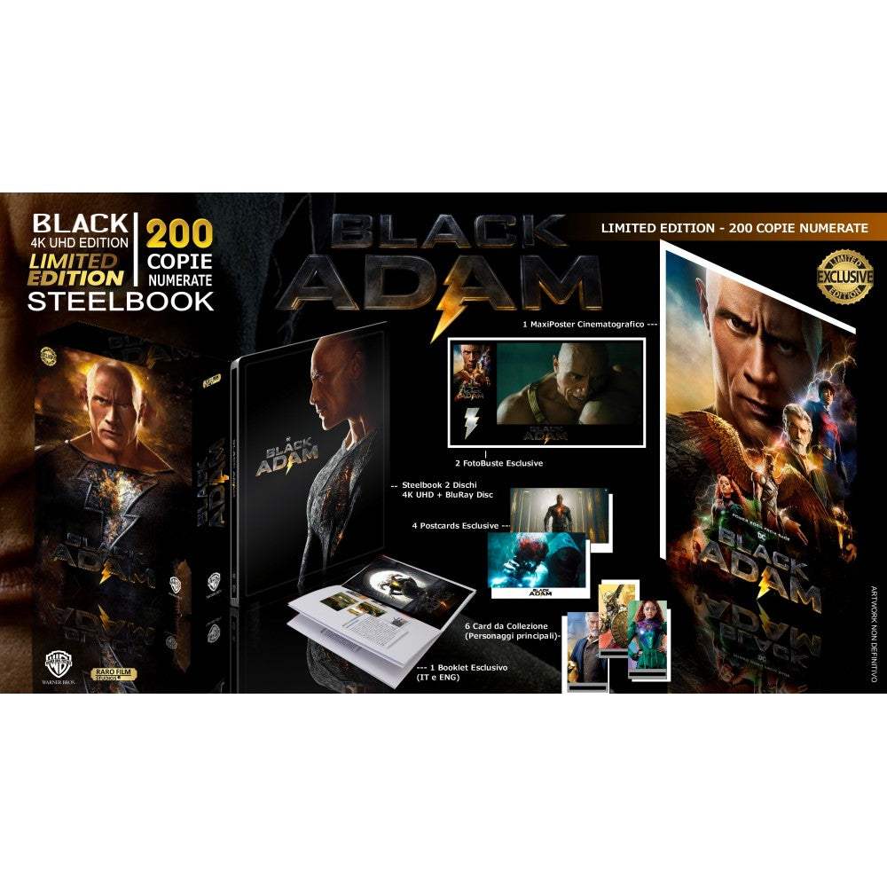 Black Adam (BLACK Edition) limited edition 4K UHD Steelbook with exclusive booklet, postcards, collector cards, and numbered packaging from RaroFilm Studios