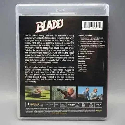 Vinegar Syndrome Blades Blu-Ray with slipcover, horror comedy film restored in 2K, includes making-of documentary and reversible cover artwork.