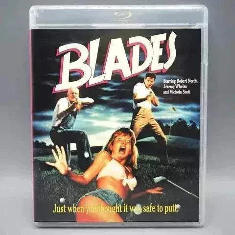 Vinegar Syndrome Blu-ray of Blades horror comedy movie with slipcover featuring a woman in distress on a golf course.