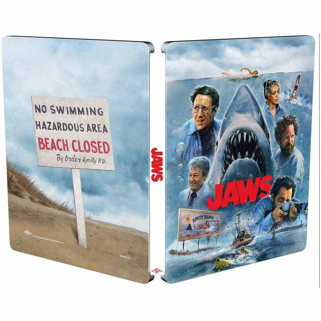 Jaws Limited Edition 50th Anniversary UK Steelbook 4K Ultra HD Blu-Ray with iconic shark and characters artwork