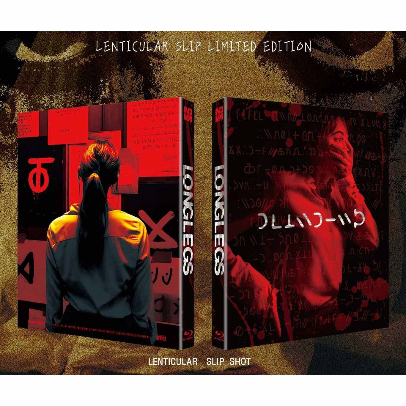 Longlegs 2024 lenticular slipcase Blu-Ray limited edition with occult thriller cover art and rear featuring a woman in red shadows.