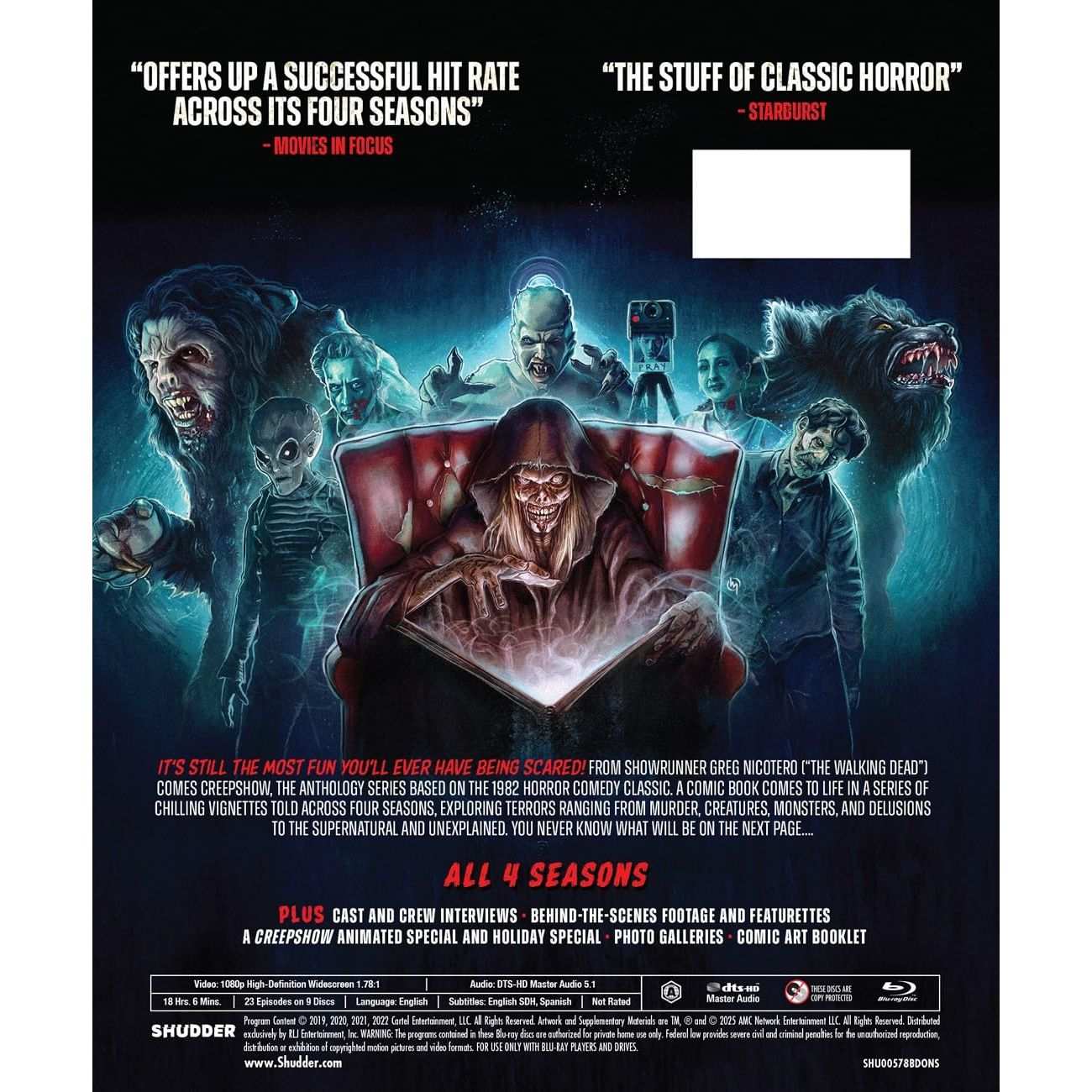 Blu-ray box set cover of Creepshow Complete Series featuring horror anthology characters and promotional quotes