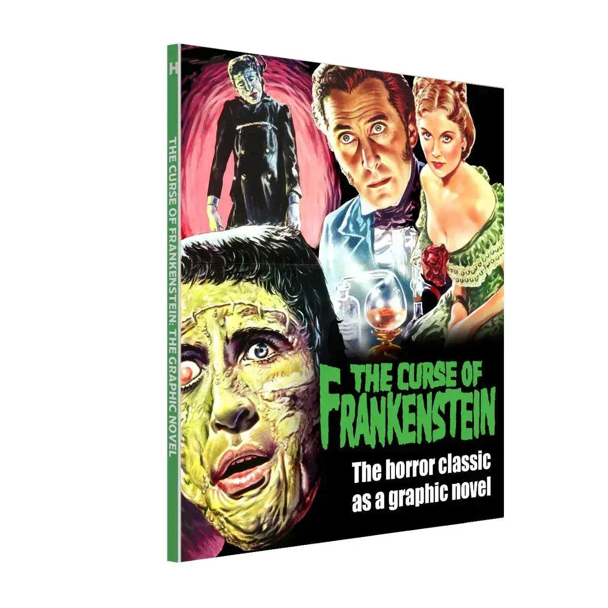 The Curse of Frankenstein graphic novel cover featuring classic horror characters in vivid colors