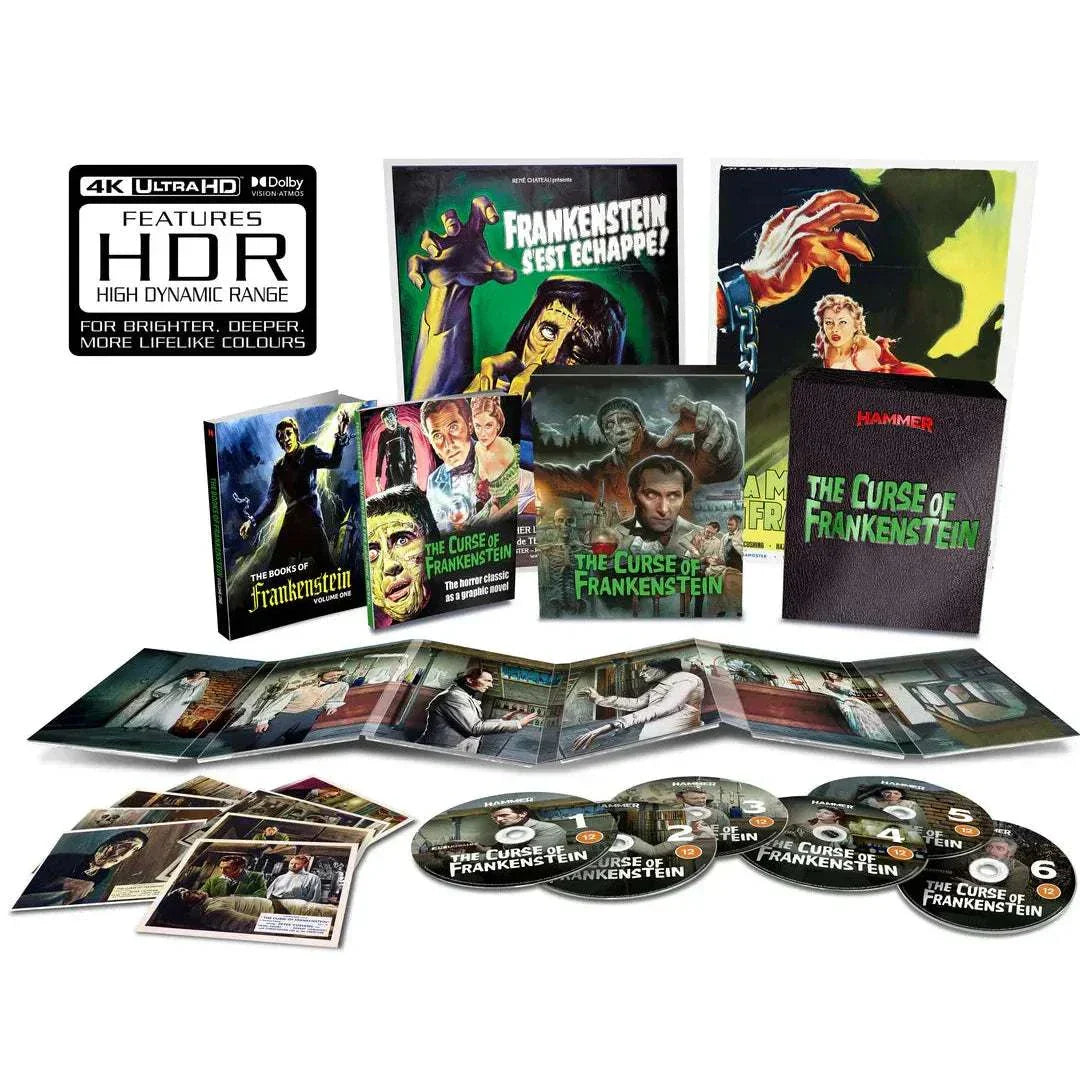 The Curse of Frankenstein limited collector's edition 4K Ultra HD and Blu-Ray set including six discs, booklet, art cards, posters, and deluxe packaging.