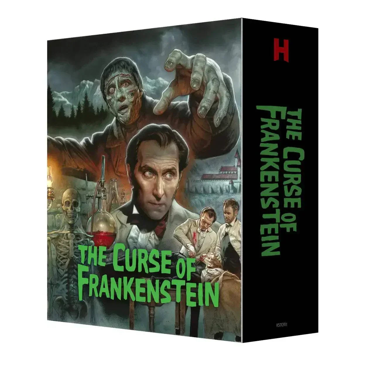 The Curse of Frankenstein limited collectors edition 4K Ultra HD and Blu-Ray set with horror-themed artwork featuring Frankenstein's monster and scientist in gothic setting