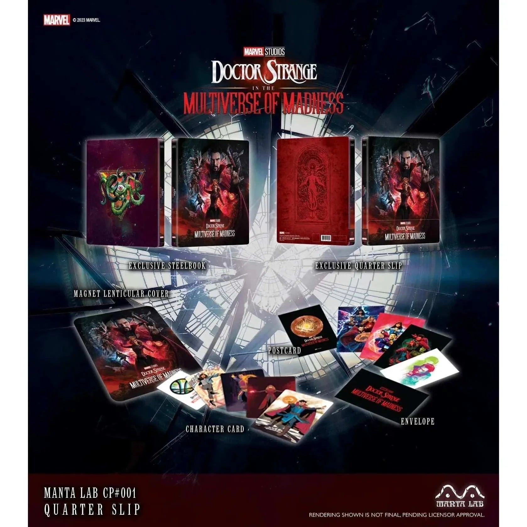 Doctor Strange in the Multiverse of Madness collectible steelbook with magnet lenticular quarter slip, postcards, character cards, and exclusive numbering sticker.