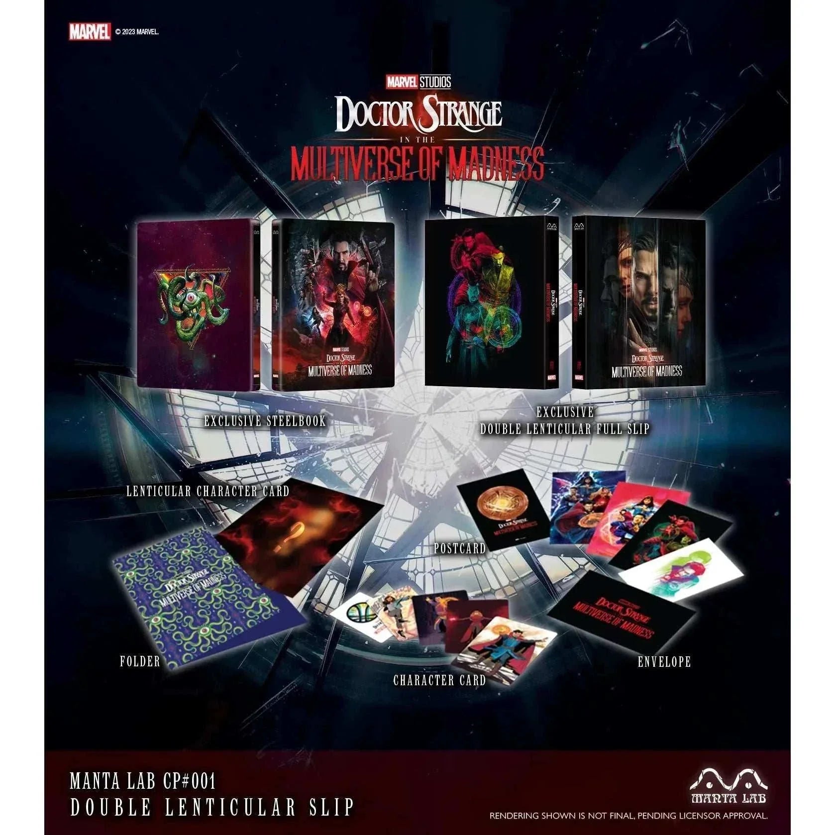 Doctor Strange in the Multiverse of Madness limited edition discless steelbook with double lenticular full slip, postcards, character cards, folder, and exclusive stickers.