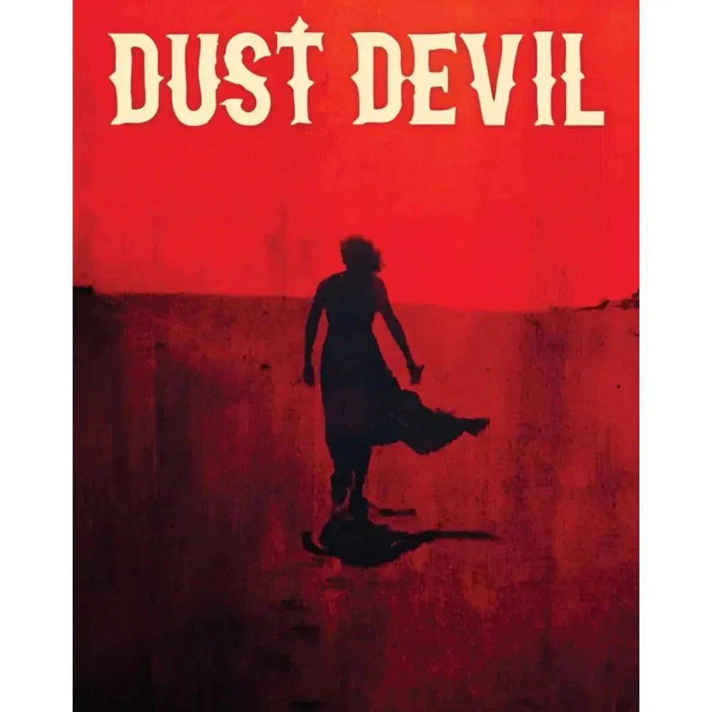 Dust Devil (1992) 3-Disc 4K UHD and Blu-Ray with limited edition slipcover featuring a silhouetted figure in a desert setting on a red background