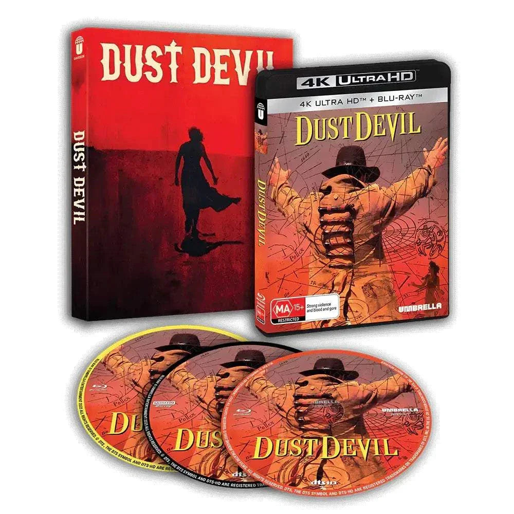 Dust Devil (1992) 3-disc 4K UHD and Blu-ray set with limited edition slipcover featuring desert-themed horror artwork by Umbrella Entertainment.