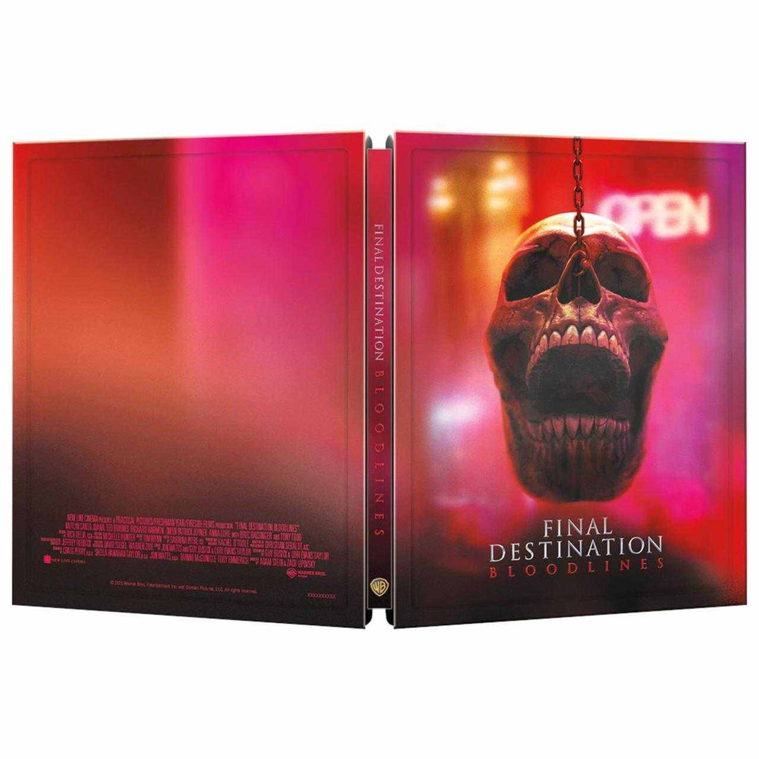 Final Destination 6 Bloodlines UK Limited Edition Steelbook 4K Ultra HD cover featuring a hanging skull with a red and purple background