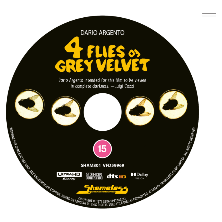 Four Flies On Grey Velvet 4K UHD collectors edition disc featuring title and fly illustrations.