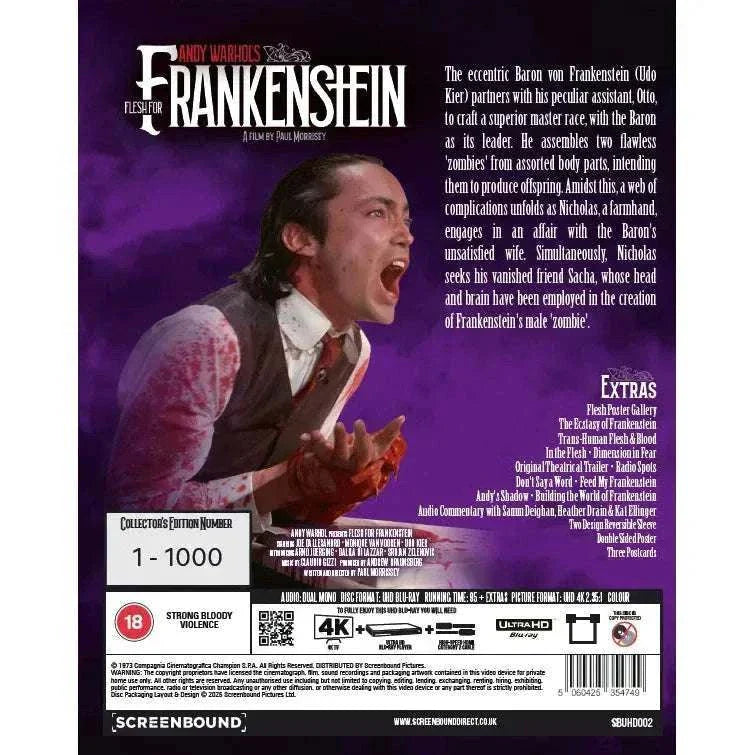 Flesh For Frankenstein (1973) Limited Edition 4K UHD with Numbered Slipcover, extras include audio commentary, posters, postcards, and more.