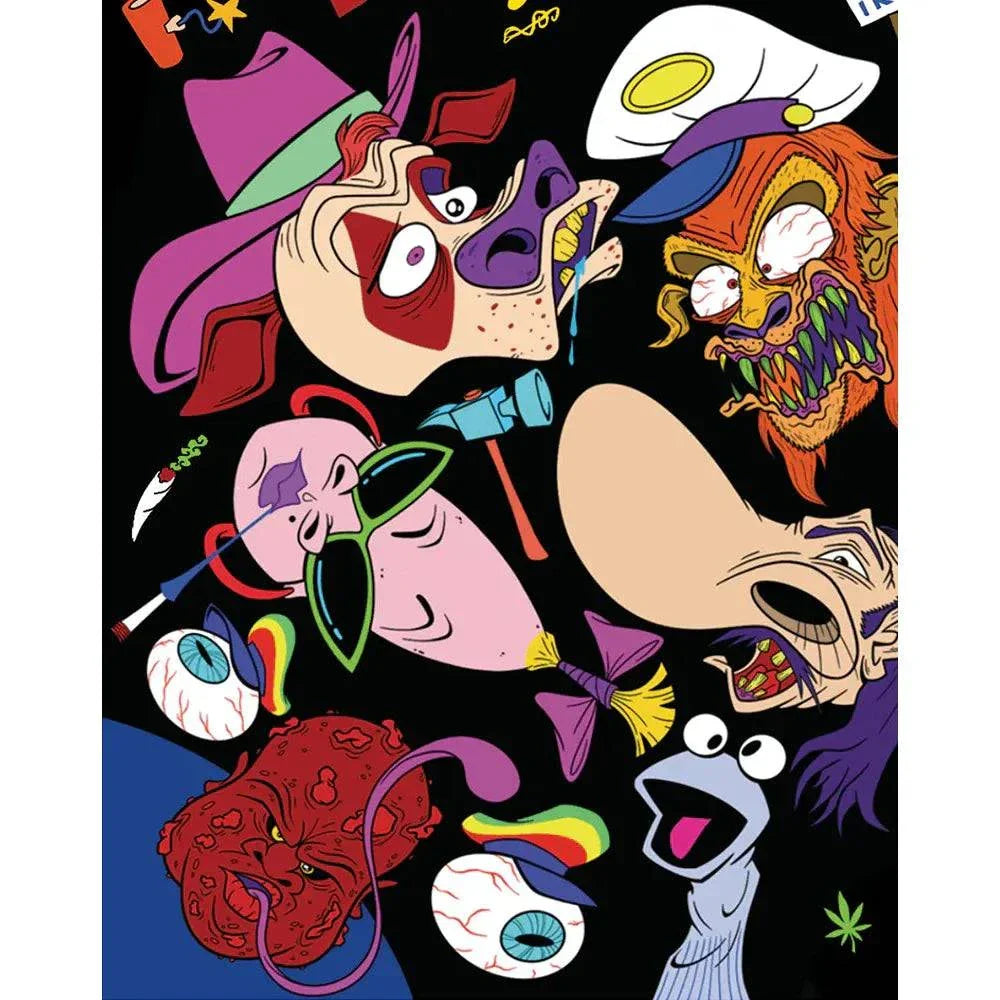 Freaked (1993) animated poster featuring colorful bizarre characters and distorted faces from the cult comedy horror film.