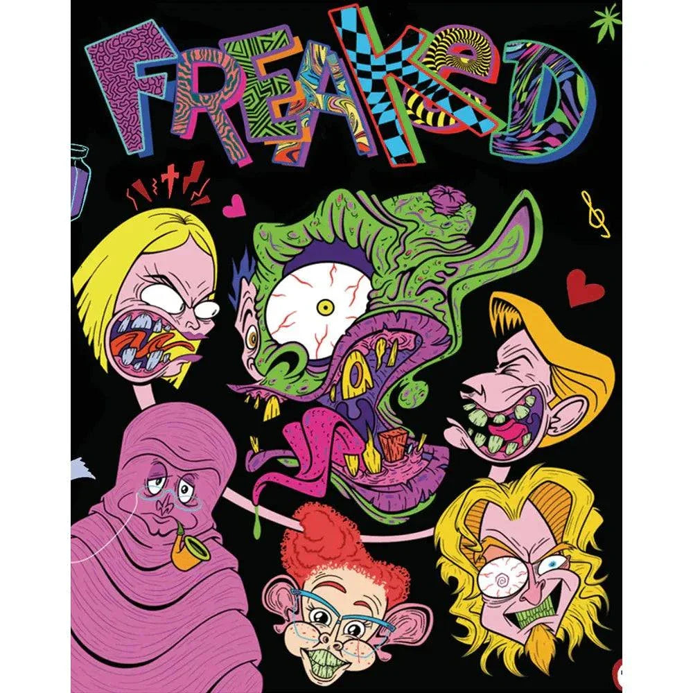 Freaked 1993 collector's edition 4K UHD and Blu-ray with colorful grotesque cartoon faces and multicolor stylized title text on black background