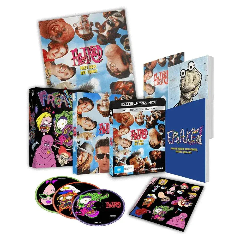 Freaked 1993 4K UHD and Blu-ray collector's edition with rigid slipcase, art book, comic, stickers, poster, and special features.