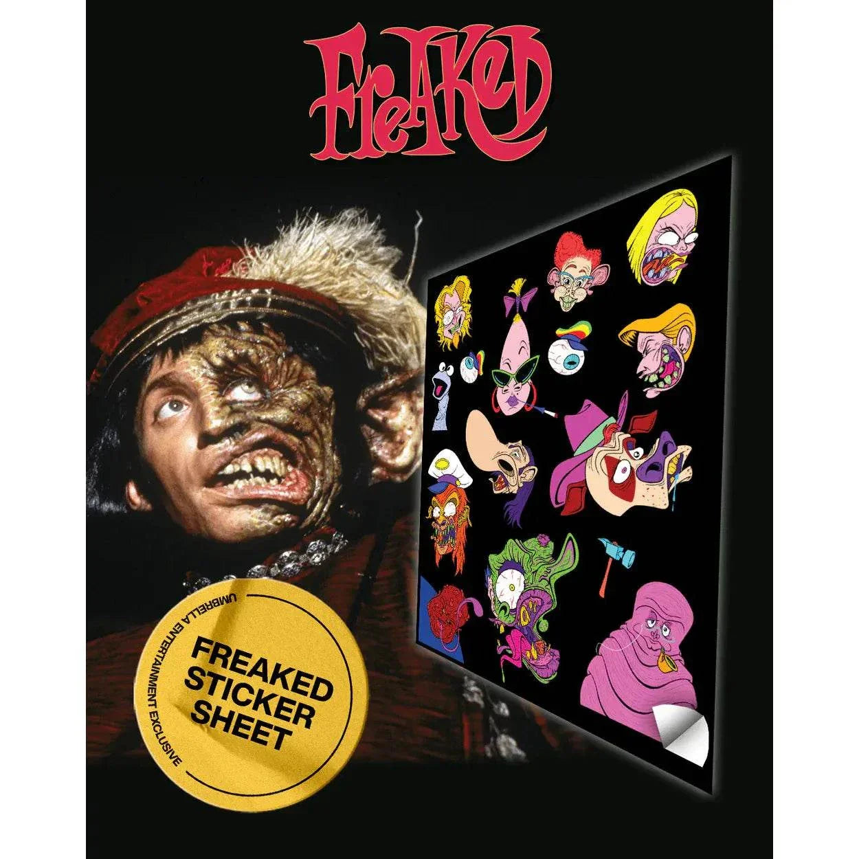 Freaked 1993 4K UHD and Blu-ray collector's edition with rigid slipcase, featuring grotesque character art and exclusive Freaked sticker sheet.