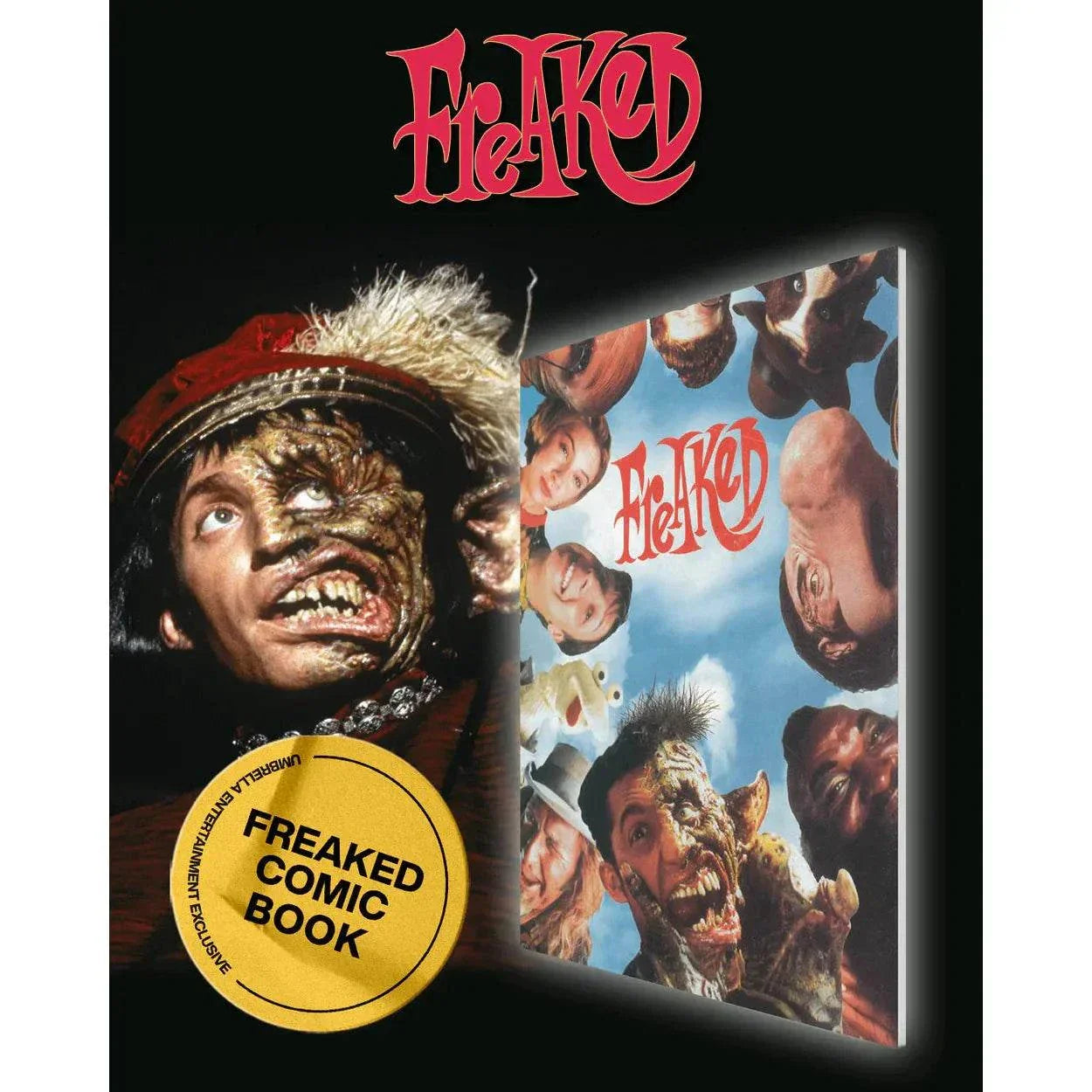 Freaked 1993 4K UHD and 2 Blu-ray collector's edition with rigid slipcase and bonus comic book cover featuring a grotesque mutated character.