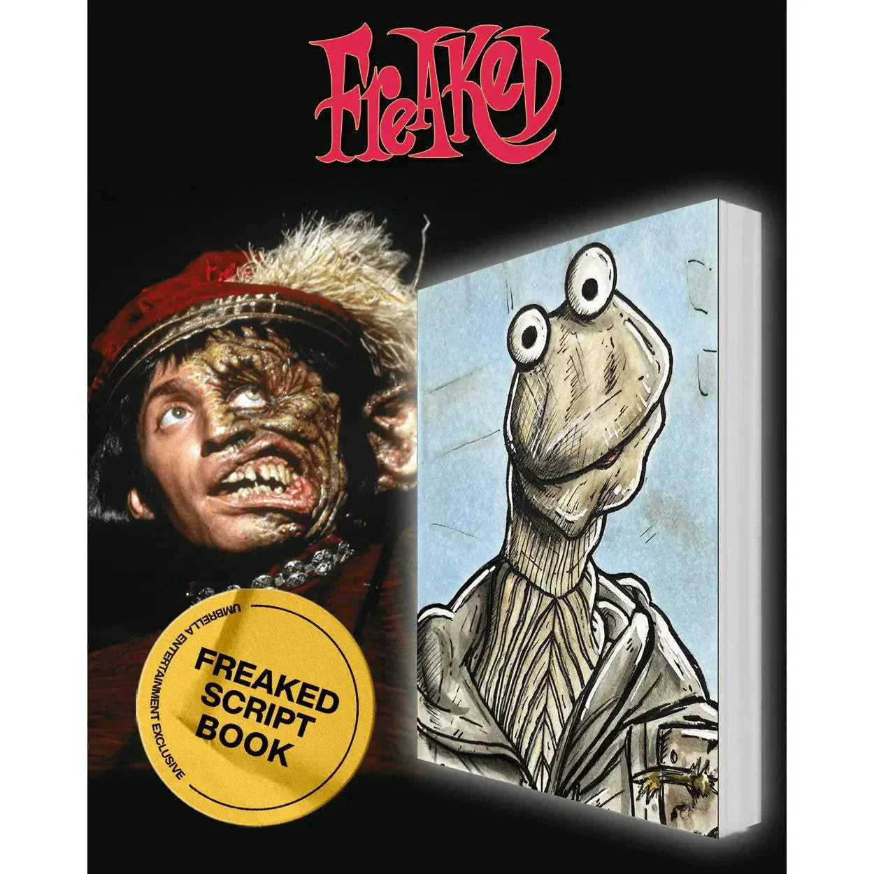 Freaked (1993) 4K UHD and 2 Blu-ray Collector's Edition with rigid slipcase, featuring script book, comic book, art stickers, canvas poster, and extensive special features.