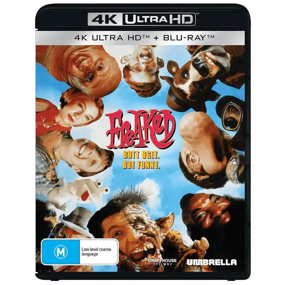 Freaked (1993) 4K UHD and Blu-ray collector's edition movie cover featuring distorted character faces in a circle on blue sky background
