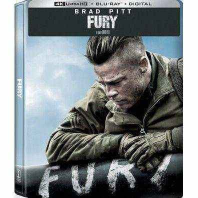 Fury 2014 Limited Edition 4K UHD and Blu-Ray Steelbook set featuring Brad Pitt and tank crew images with special features and high-definition discs