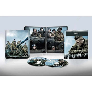Fury 2014 Limited Edition 4K UHD and Blu-Ray Steelbook set featuring Brad Pitt and tank crew images with special features and high-definition discs
