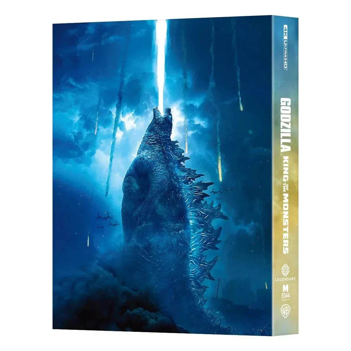 Godzilla: King of the Monsters Steelbook 4K UHD + Blu-Ray with exclusive glossy finish and embossed title, featuring Godzilla emitting a blue beam against a stormy sky.