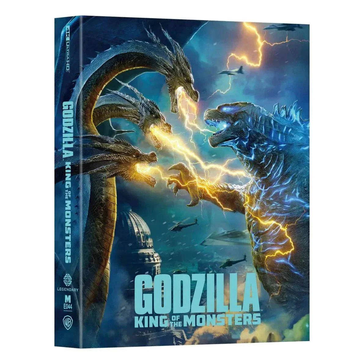 Godzilla King of the Monsters Steelbook 4K UHD and Blu-Ray featuring Godzilla battling King Ghidorah with lightning effects on a glossy debossed cover