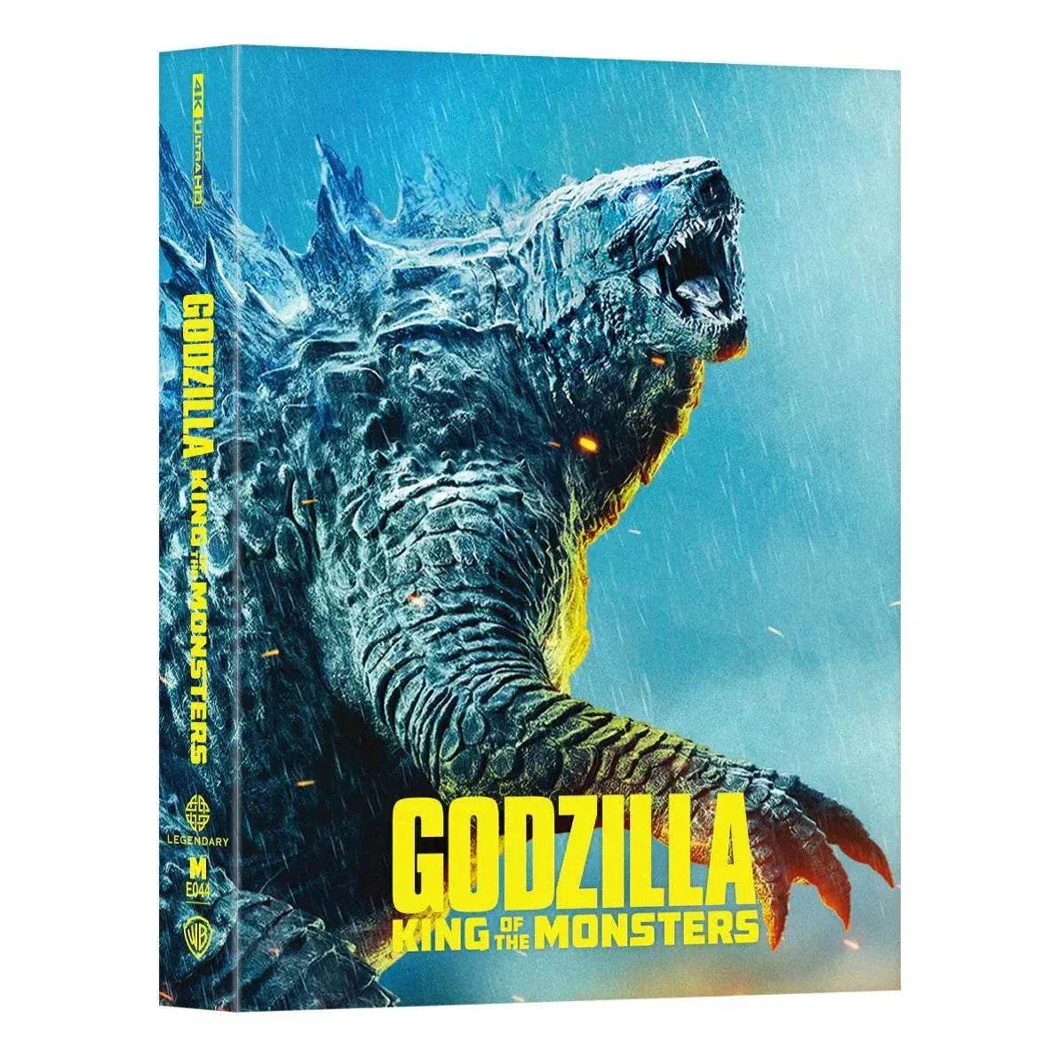 Godzilla: King of the Monsters Steelbook 4K UHD + Blu-Ray with exclusive glossy finish and debossed title, featuring Godzilla artwork.