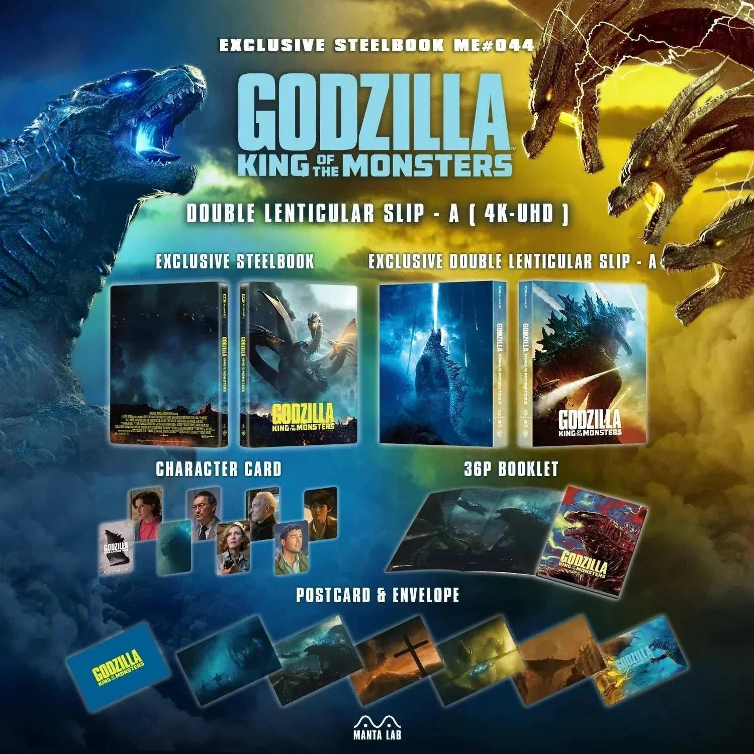 Godzilla: King of the Monsters Steelbook 4K UHD and Blu-Ray limited edition set with exclusive artwork, booklet, postcards, character cards, and lenticular slipcover.