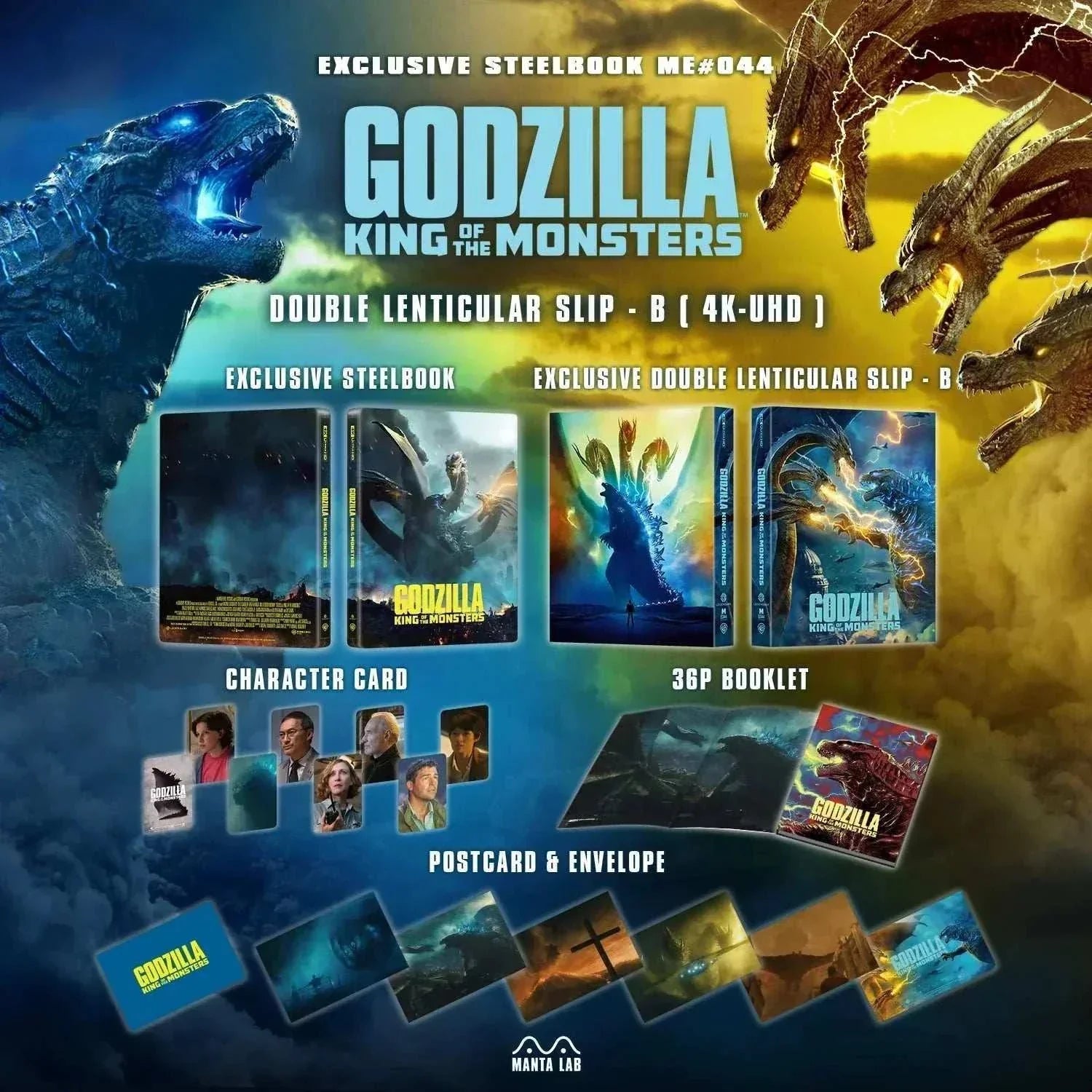 Godzilla King of the Monsters limited edition steelbook 4K UHD and Blu-Ray with double lenticular slip, booklet, postcards, character cards, and exclusive packaging