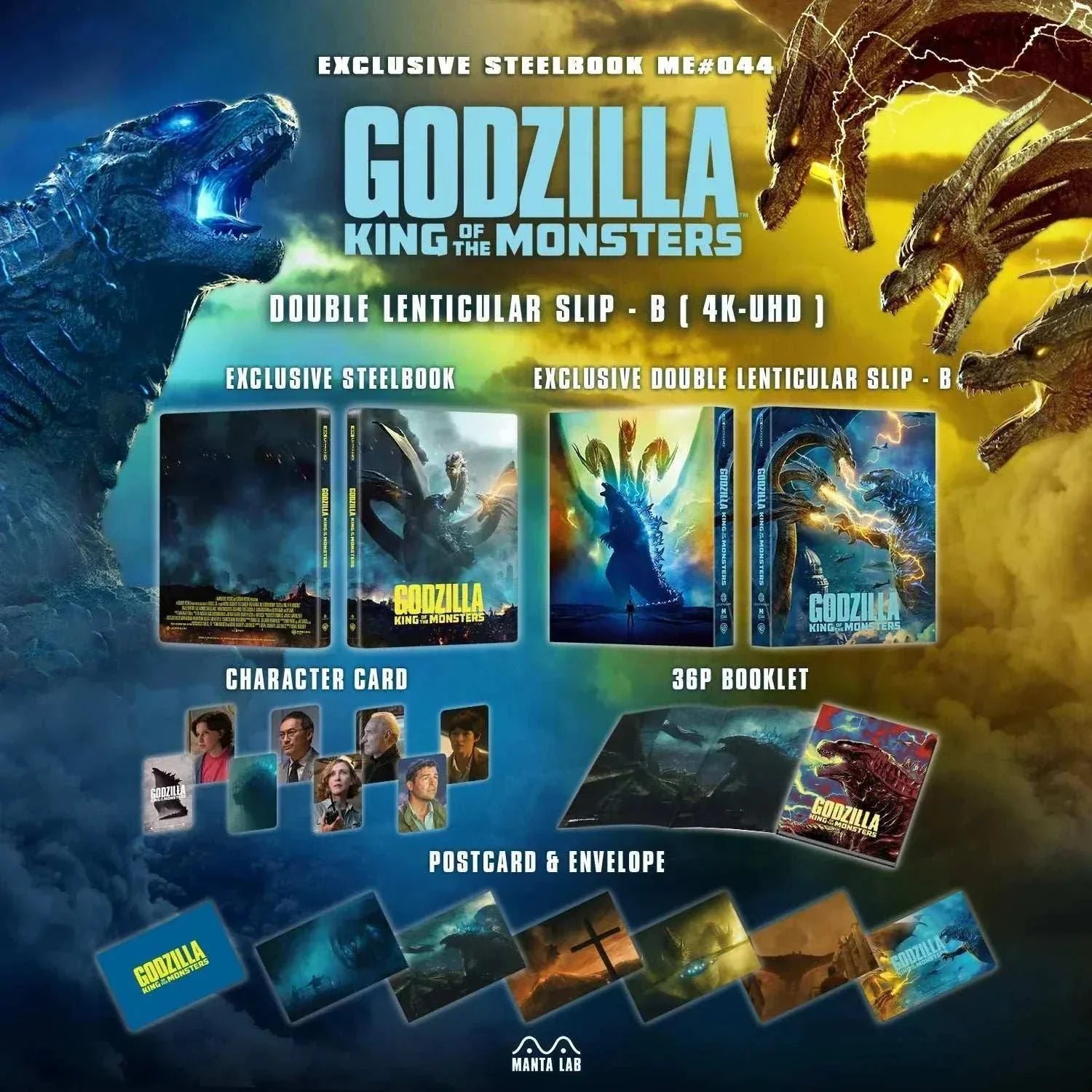 Godzilla: King of the Monsters Steelbook 4K UHD and Blu-Ray set with exclusive lenticular slip, booklet, character cards, postcards, and collectible packaging.