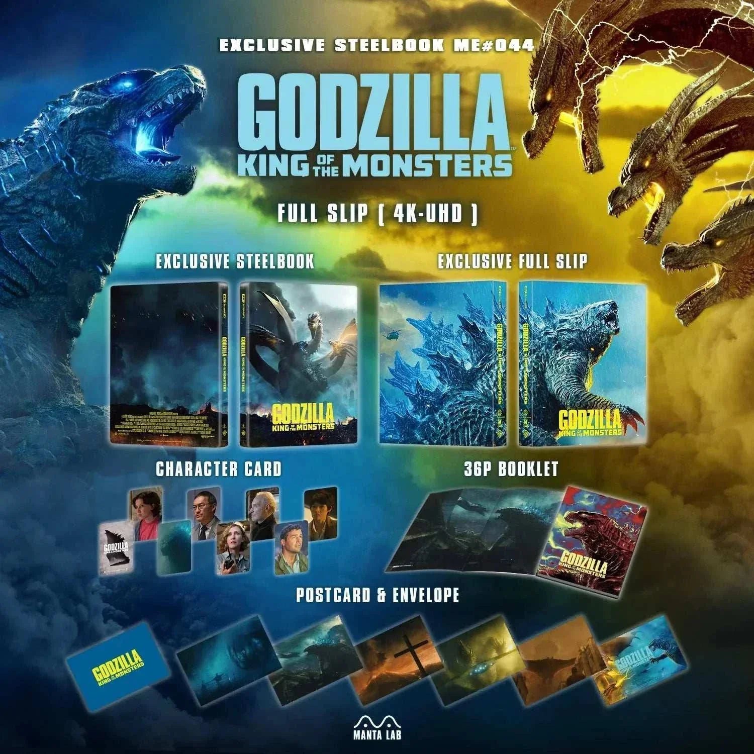 Godzilla King of the Monsters exclusive steelbook 4K UHD and Blu-Ray with full slip, booklet, character cards, postcards, and exclusive stickers.