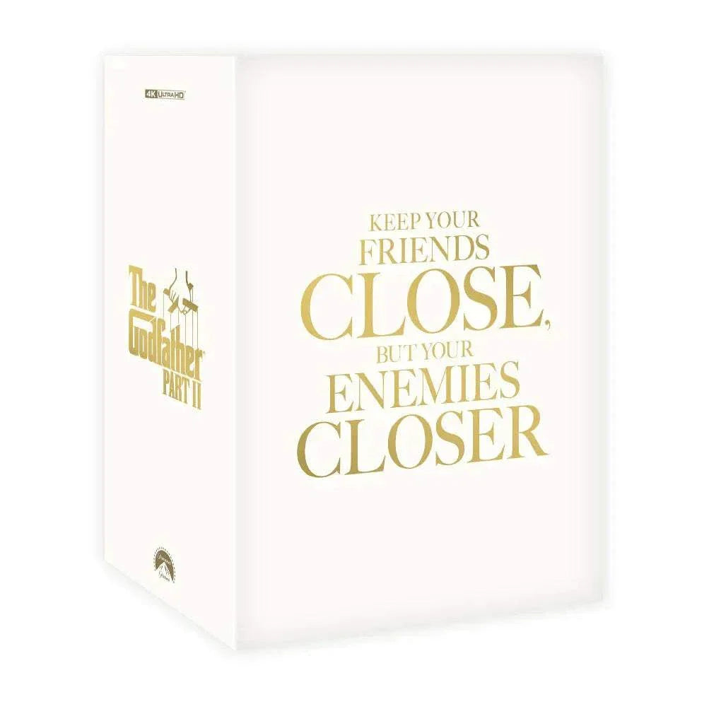 The Godfather Part II Steelbook 4K UHD and Blu-Ray pre-order box with gold foil quote and PU leather packaging