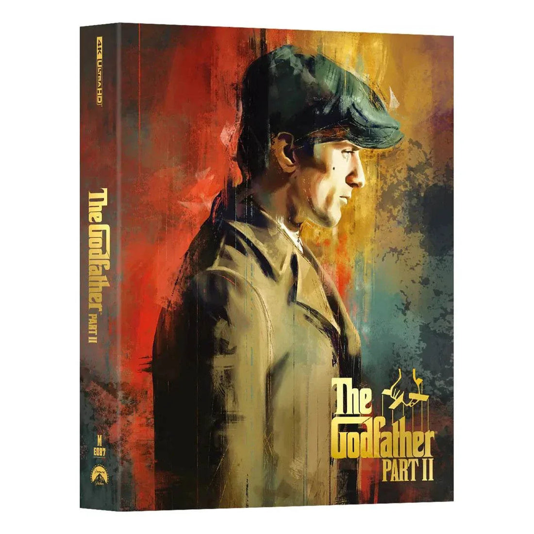 The Godfather Part II Steelbook 4K UHD and Blu-Ray full slip edition with artistic cover featuring Vito Corleone in a cap against a textured red and yellow background