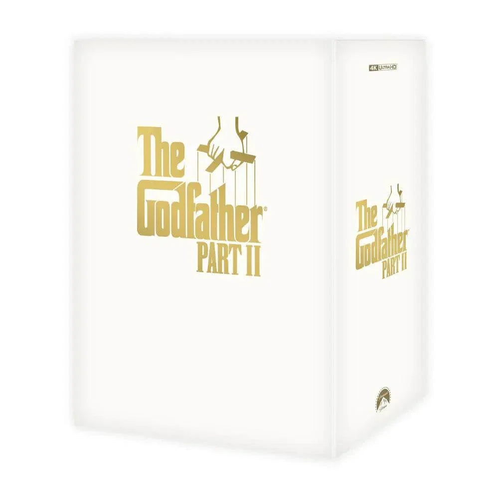 The Godfather Part II Steelbook 4K UHD and Blu-ray in exclusive white PU leather box with gold foil lettering, pre-order collectible edition by Manta Lab.