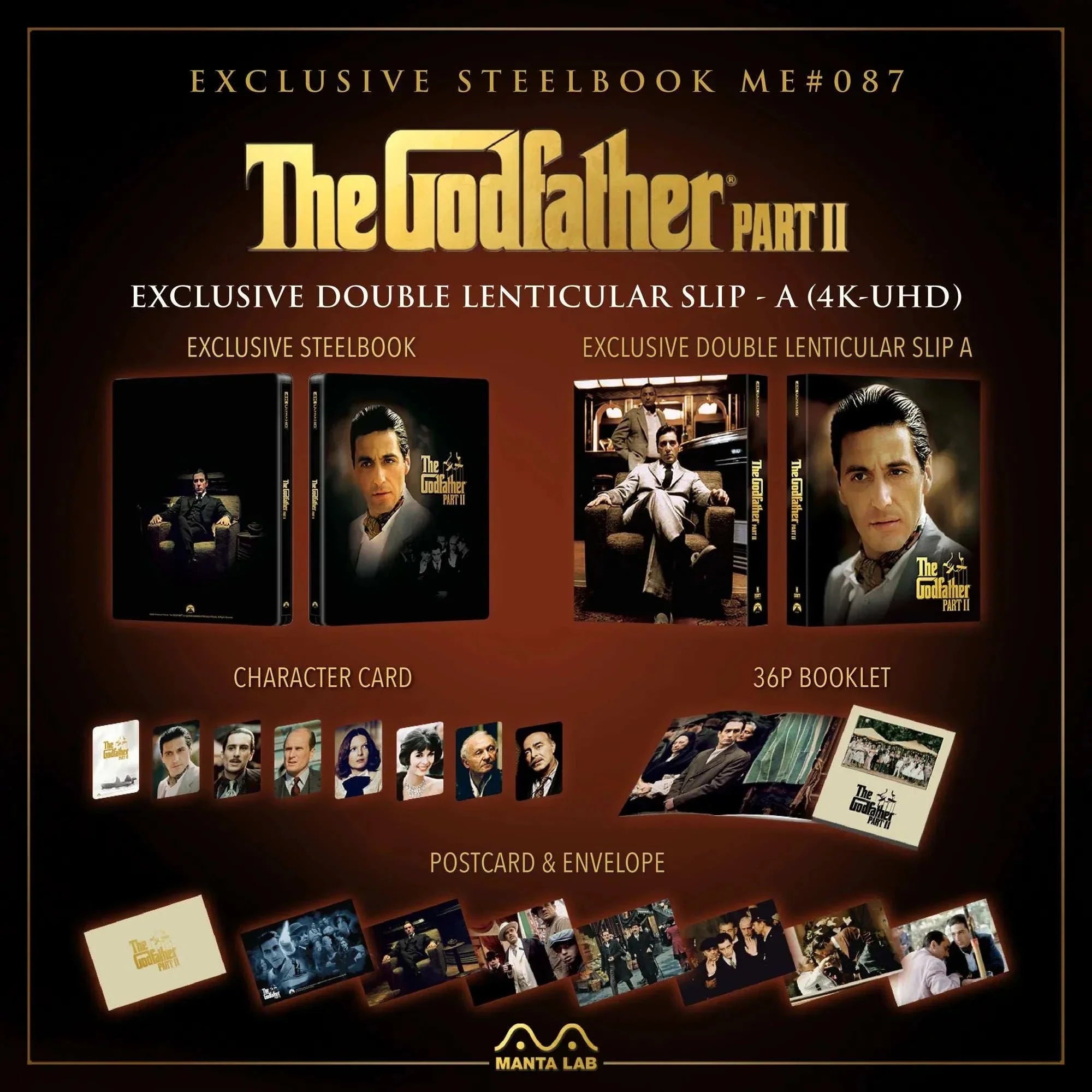 The Godfather Part II Steelbook 4K UHD and Blu-Ray collector's edition with double lenticular slip, character cards, 36-page booklet, postcards, and exclusive packaging by Manta Lab