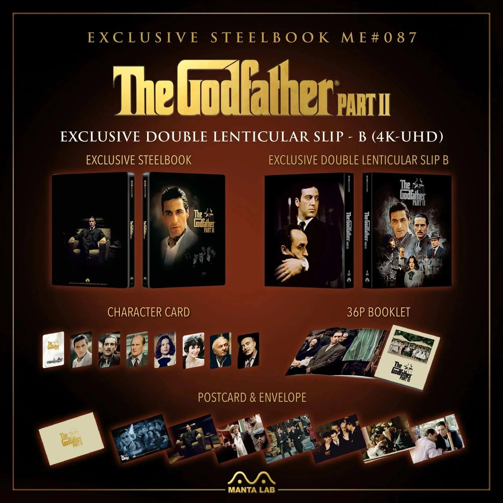 The Godfather Part II Steelbook 4K UHD and Blu-Ray limited edition set with exclusive lenticular slip, character cards, 36-page booklet, postcards, and envelope by Manta Lab.