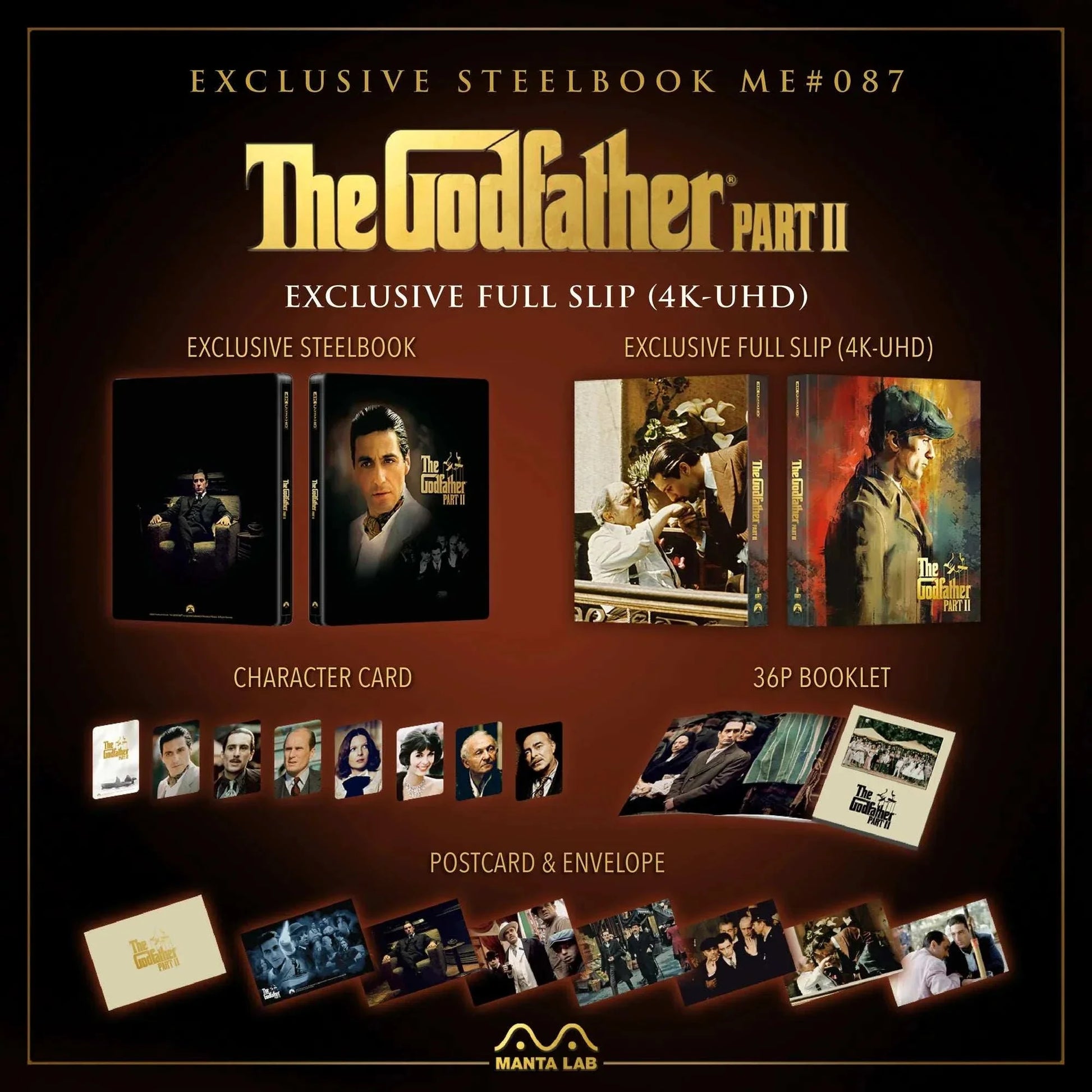 The Godfather Part II Steelbook 4K UHD and Blu-Ray pre-order set with exclusive full slip, character cards, 36-page booklet, postcards, and envelope by Manta Lab