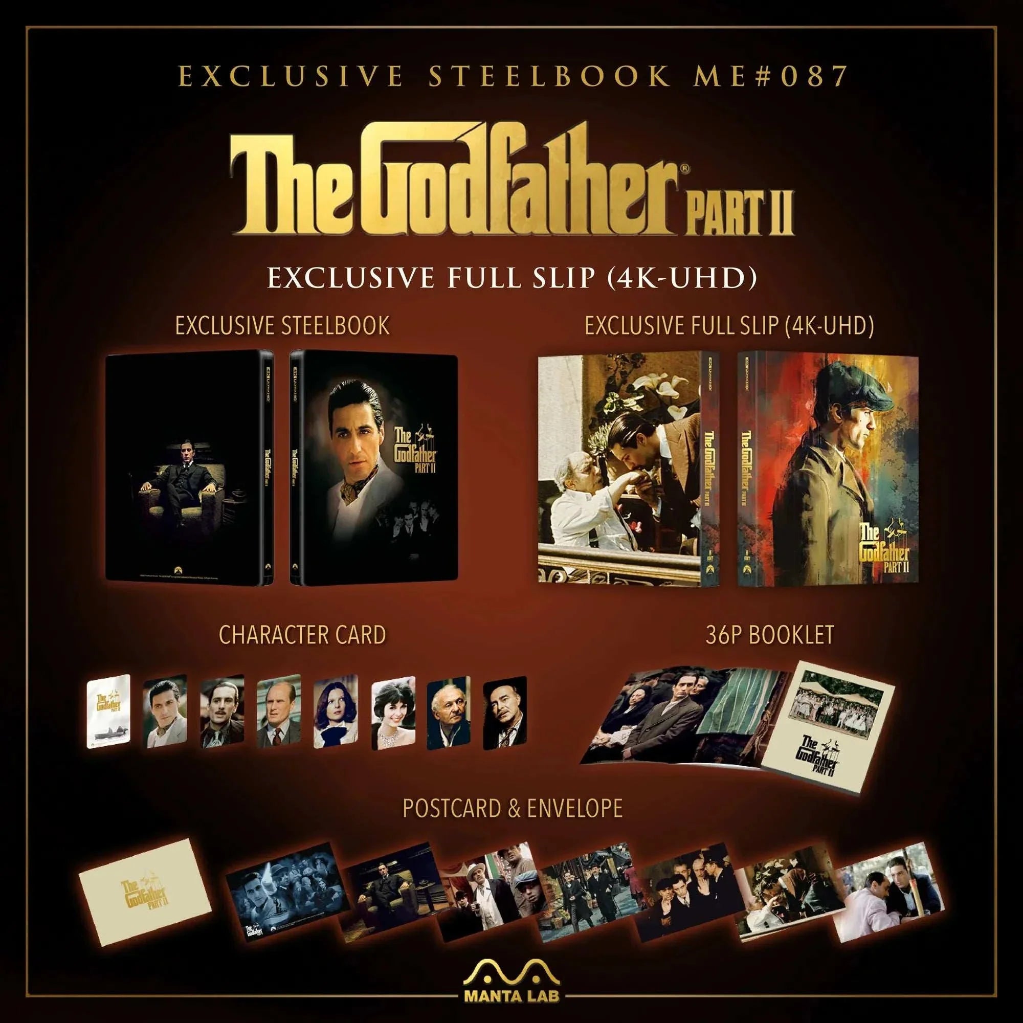 The Godfather Part II Steelbook 4K UHD and Blu-Ray pre-order set with exclusive full slip, character cards, 36-page booklet, postcards, and envelope by Manta Lab