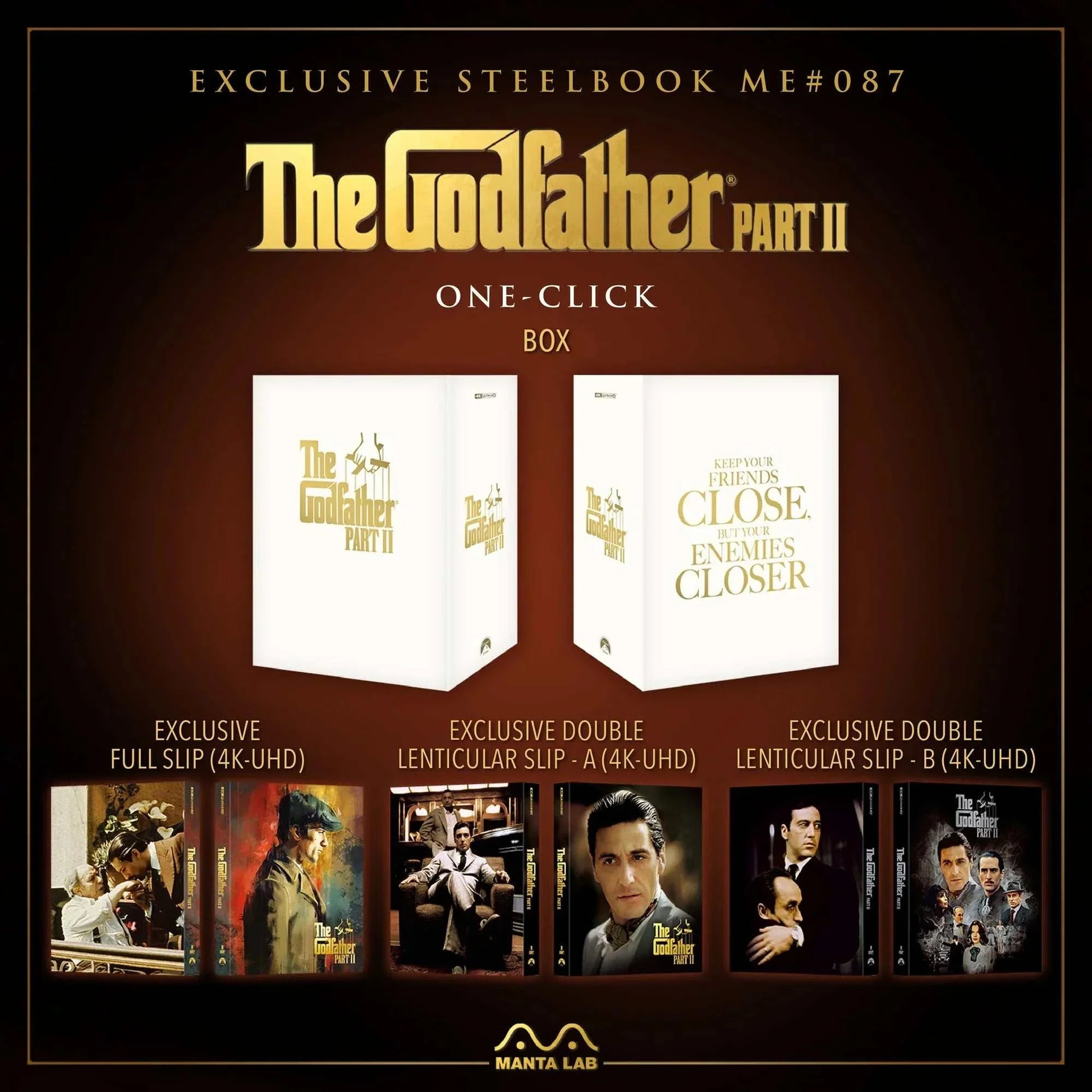 The Godfather Part II Steelbook 4K UHD and Blu-Ray exclusive Manta Lab pre-order set with PU leather box and lenticular slipcover
