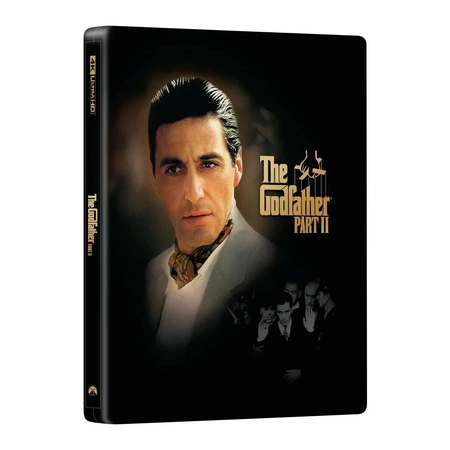 The Godfather Part II Steelbook 4K UHD and Blu-Ray double lenticular full slip edition featuring Vito Corleone with embossed title and glossy finish.