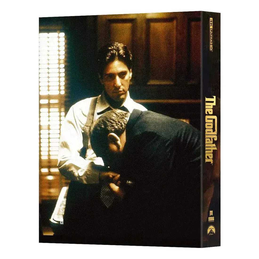 The Godfather Steelbook 4K UHD and Blu-Ray full slip edition with painted cover artwork of the main character holding a cat